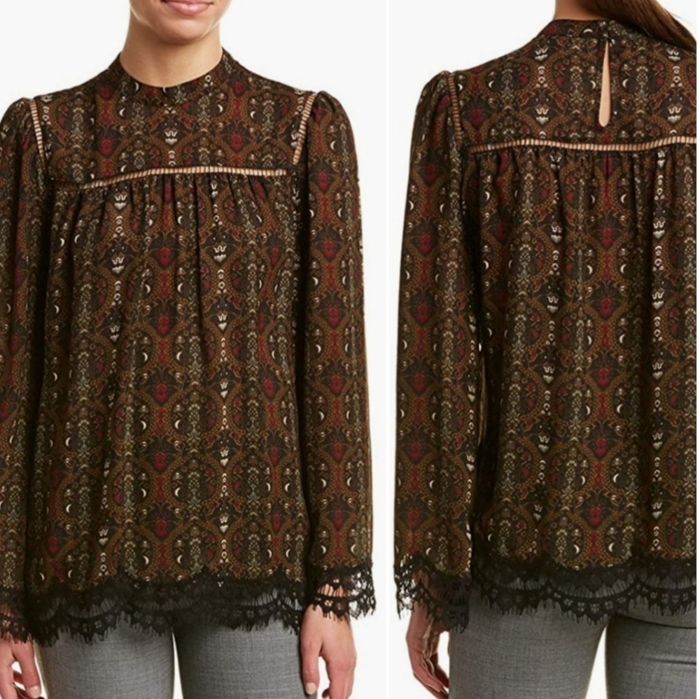 MAX STUDIO High Neck Lace Trimmed Baroque Print Keyhole Back Blouse Sz XL Multi